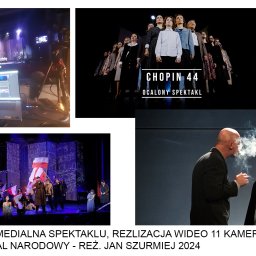 JERZU - Kamerzysta robiący selfie z laptopem podczas edycji wideo z nagrania spektaklu, w tle scena z aktorami.