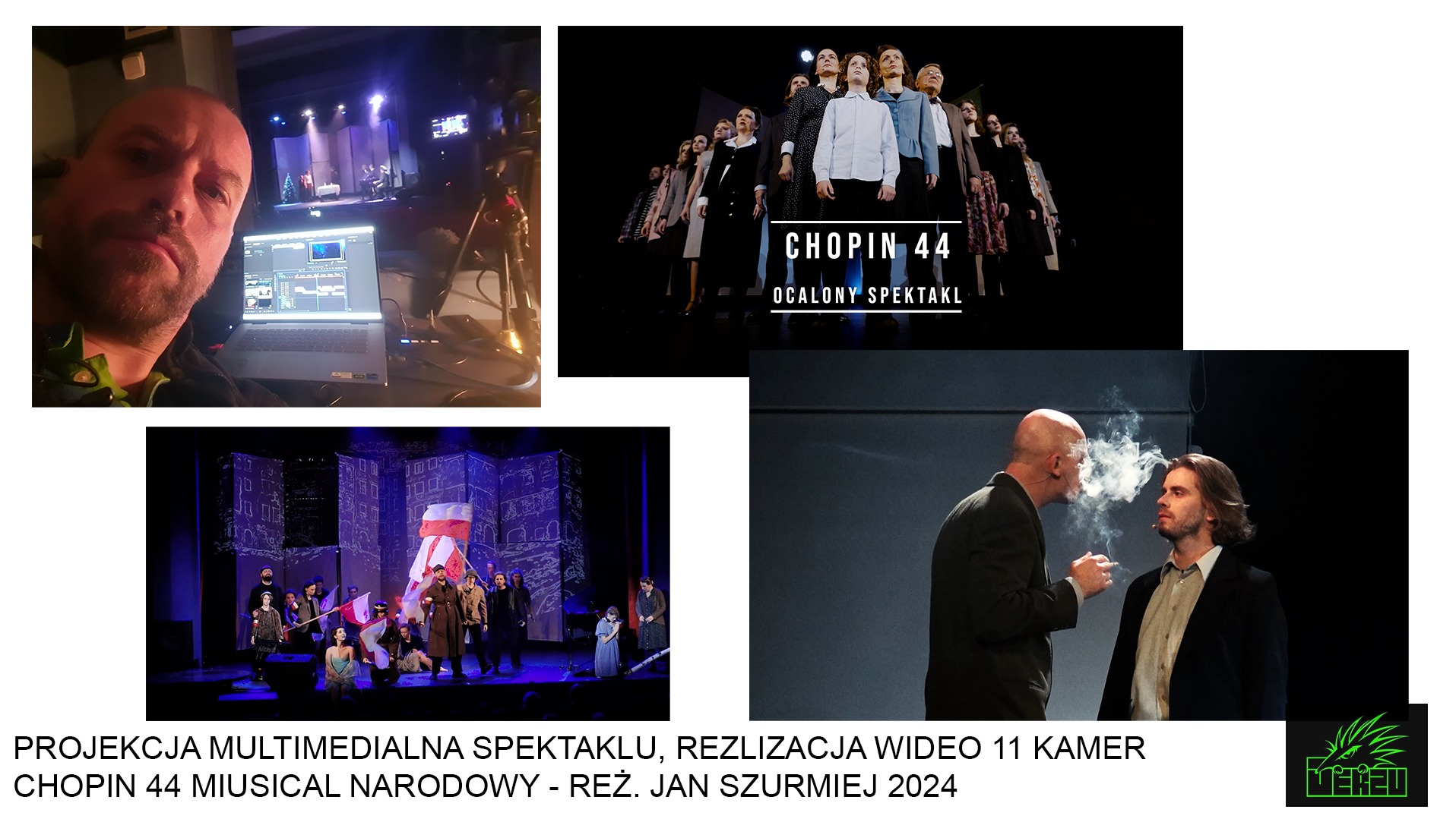 Kamerzysta robiący selfie z laptopem podczas edycji wideo z nagrania spektaklu, w tle scena z aktorami.