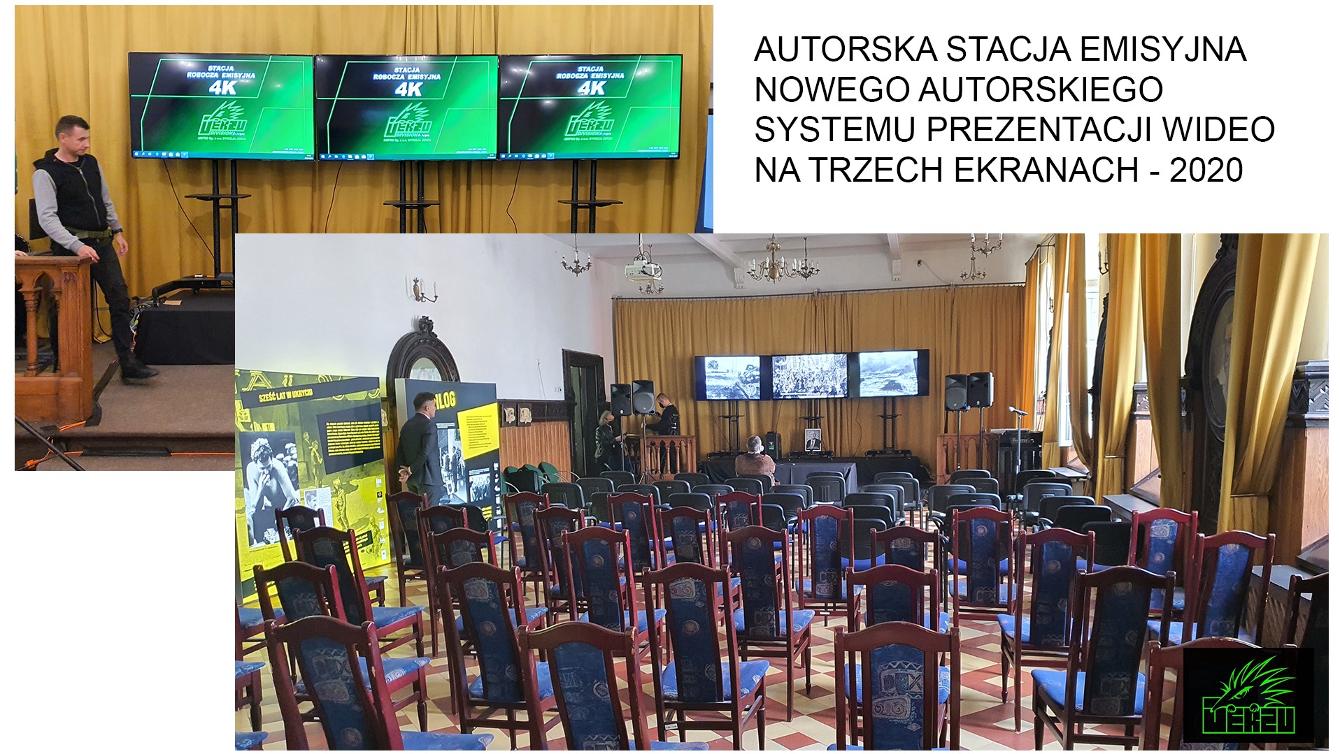 Sala konferencyjna z rzędami krzeseł ustawionych przed trzema ekranami prezentującymi system prezentacji wideo 4K. Po lewej stronie mężczyzna opiera się o drewnianą mównicę. W tle widoczne złote...