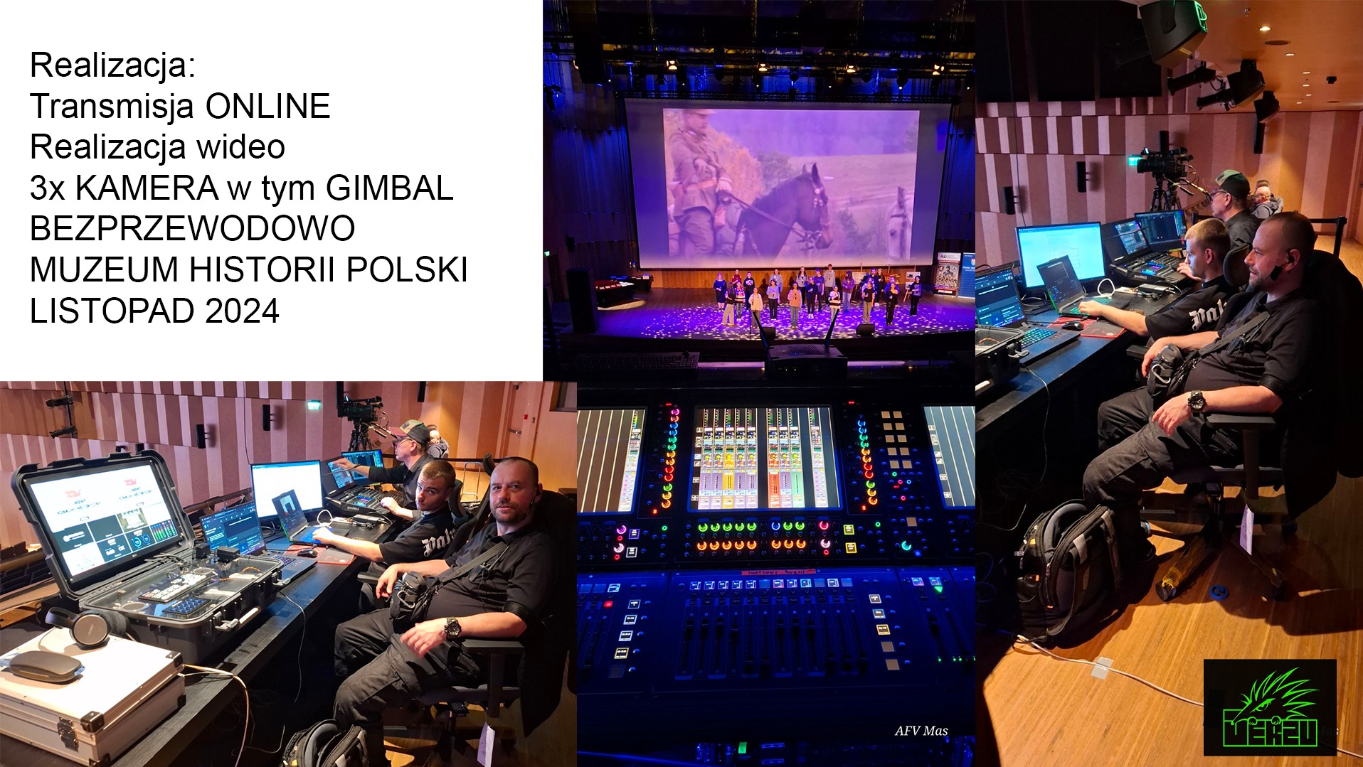 Zespół kamerzystów obsługuje konsoletę mikserską i monitory podczas transmisji online z wydarzenia na scenie, na której widać występujących ludzi i wyświetlany film historyczny.