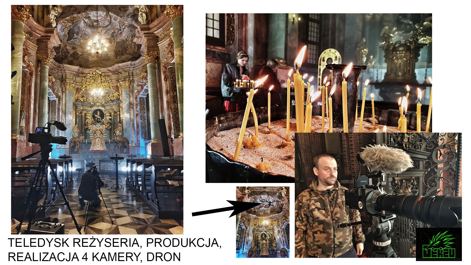 Ekipa filmowa kręci w barokowym kościele, widoczny operator z kamerą na statywie, oświetlenie sceniczne i bogato zdobione wnętrze kościoła z freskami.