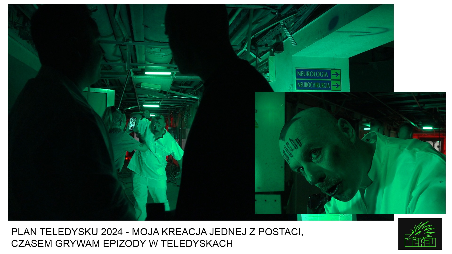 Plan teledysku: aktor w charakteryzacji, ubrany w biały strój, z tatuażem na czole, na planie filmowym w szpitalnym otoczeniu z zielonym oświetleniem.