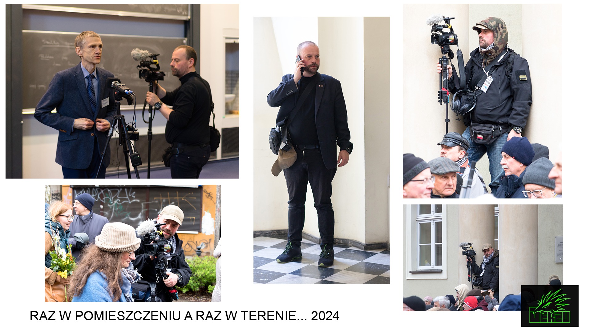 Kompozycja zdjęć przedstawiająca pracę kamerzystów w różnych sceneriach: w pomieszczeniu podczas wywiadu, na zewnątrz podczas nagrywania wydarzenia oraz mężczyznę rozmawiającego przez telefon...