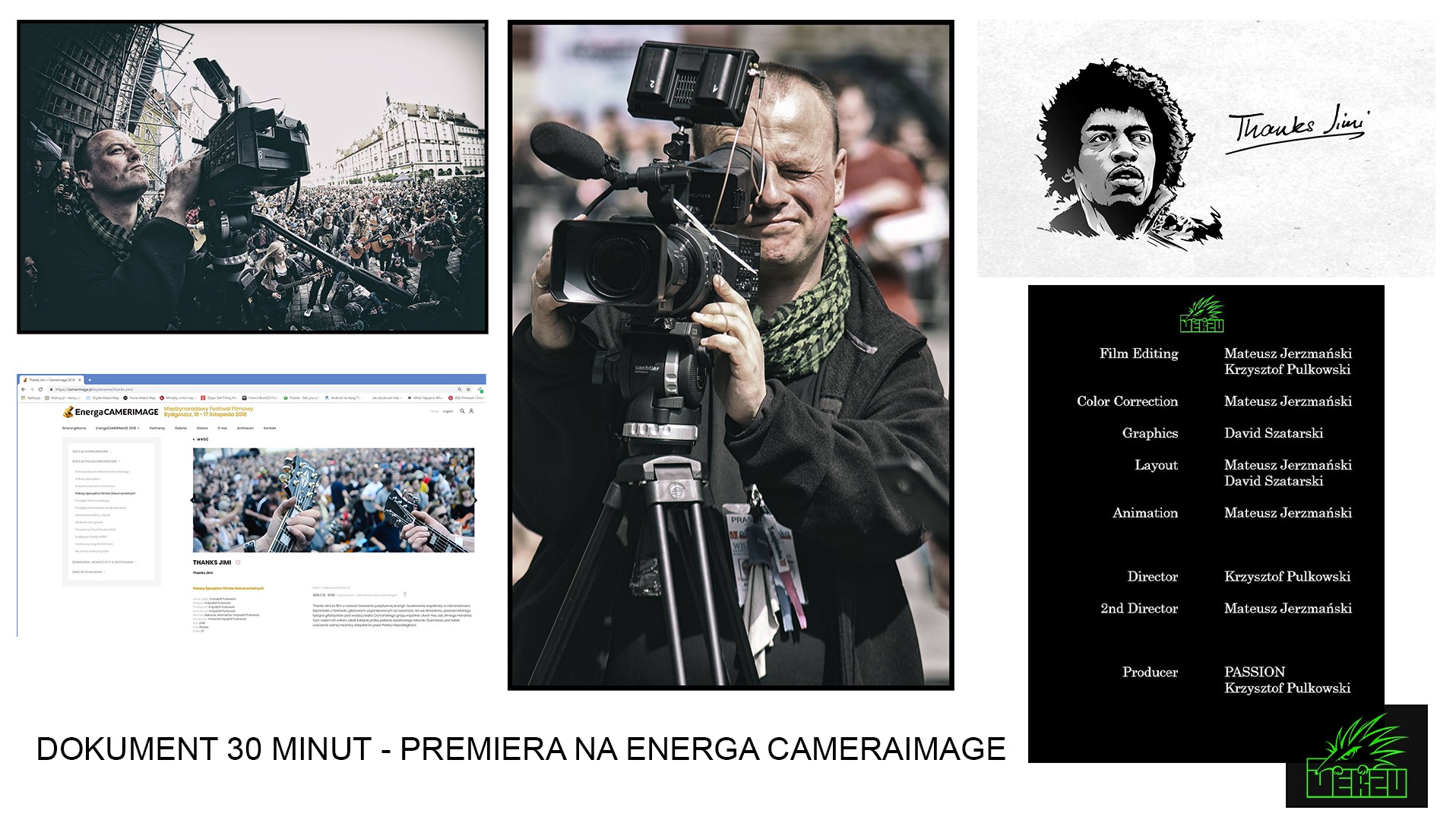 Kamerzysta filmuje koncert plenerowy, używając profesjonalnej kamery na statywie. W tle widoczny tłum ludzi i budynki miejskie.