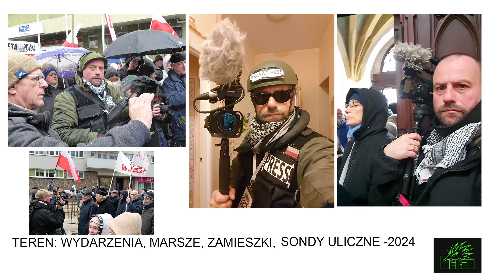 Kolaż zdjęć kamerzystów z mikrofonami i kamerami podczas pracy w różnych lokacjach: na marszu, wewnątrz budynku i w pomieszczeniu, z oznaczeniami PRESS.