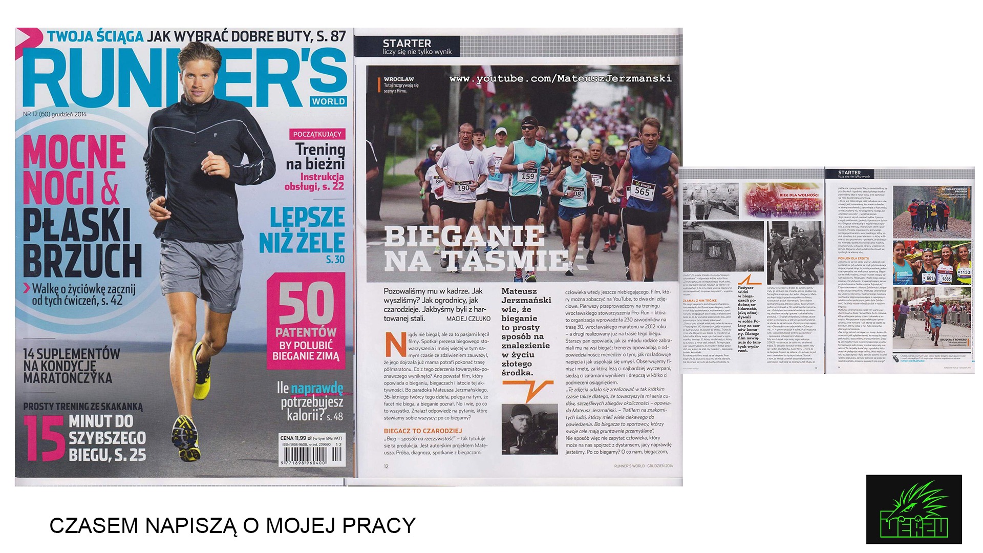 Strona z magazynu o bieganiu, prezentująca artykuł o filmie dokumentalnym o biegaczach, z widocznymi zdjęciami z maratonu i wywiadami z biegaczami.