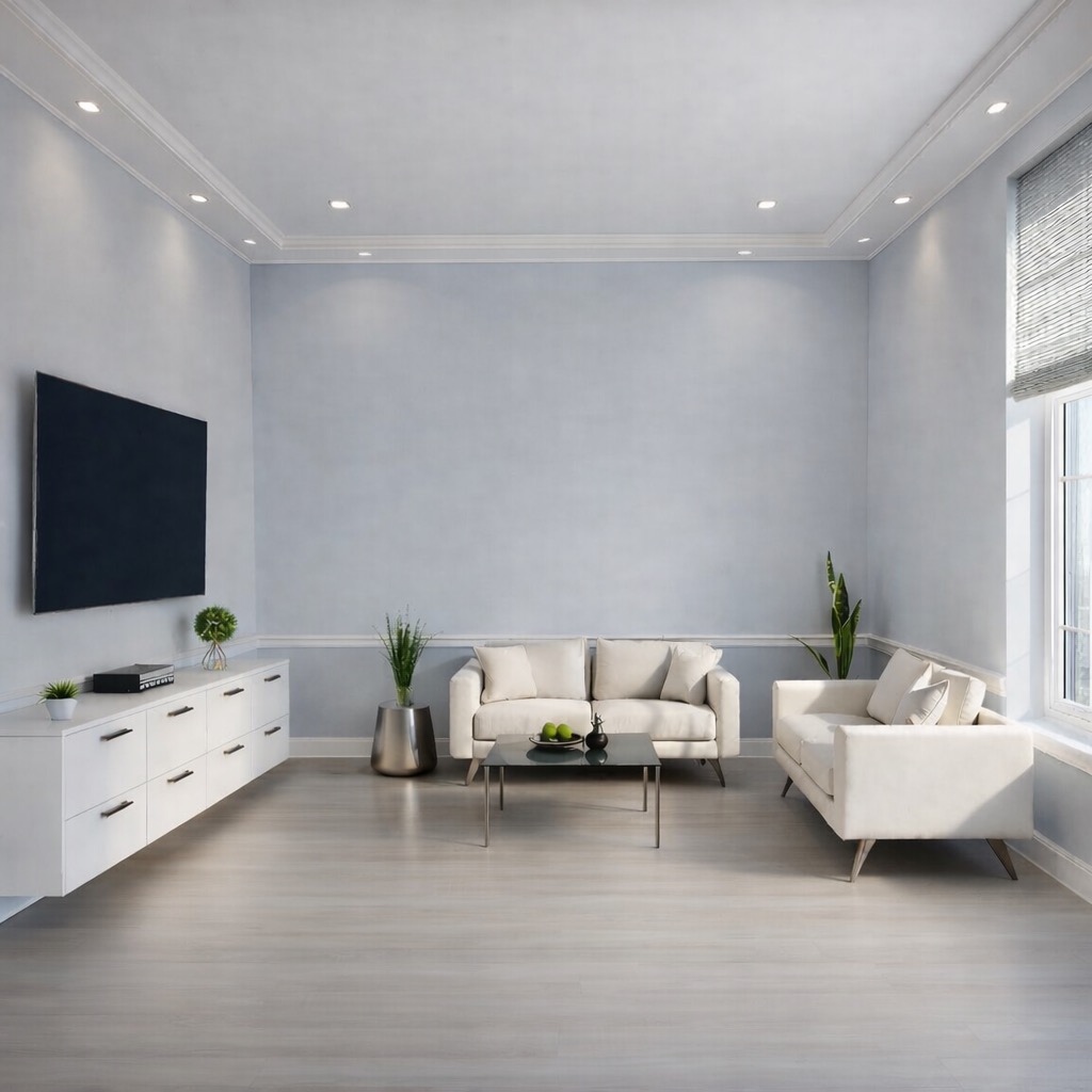 Jasne, przestronne wnętrze salonu z błękitnymi ścianami, białymi meblami i dużym telewizorem. Minimalistyczny design z subtelnym oświetleniem punktowym.