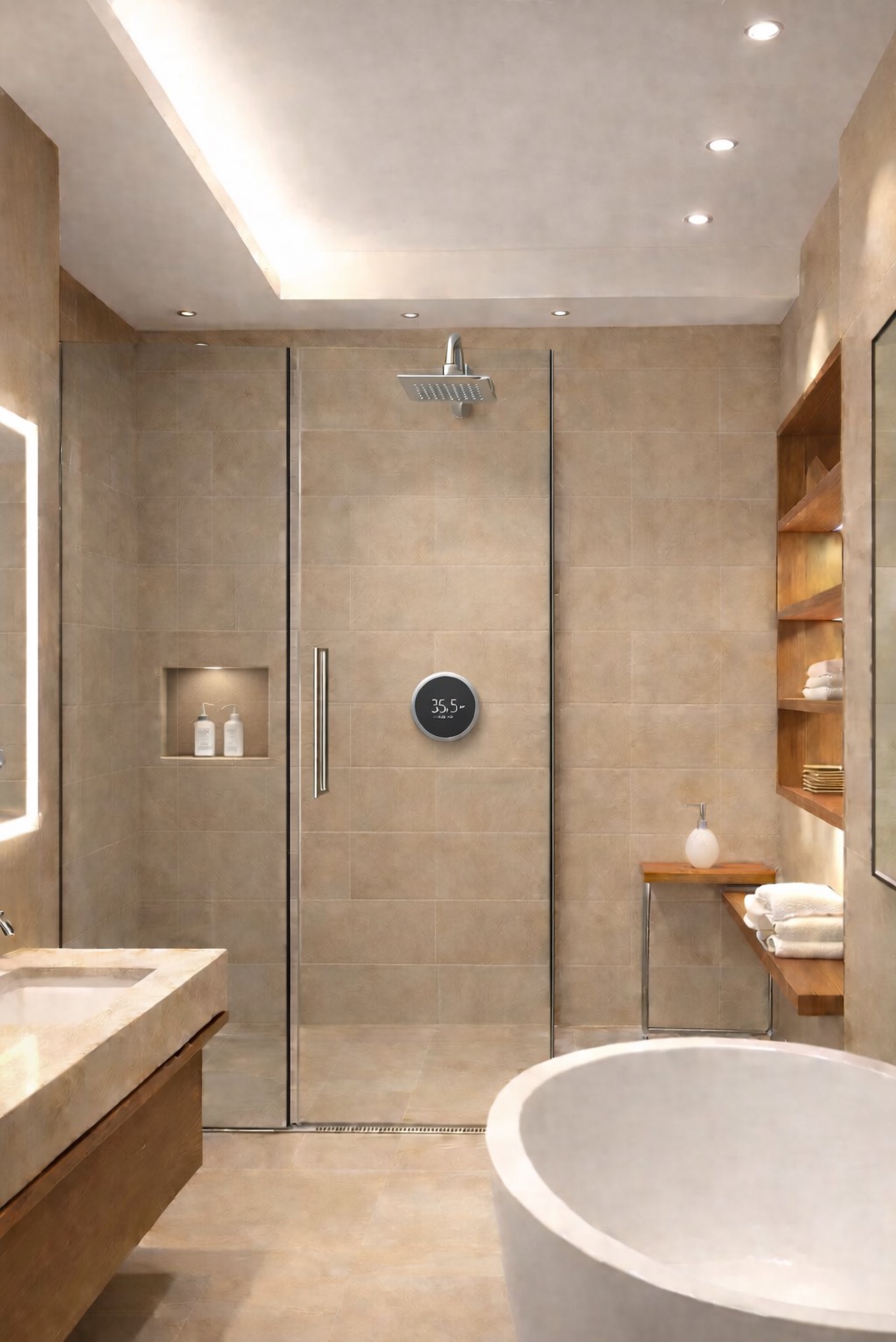 Beżowa łazienka z kabiną prysznicową typu walk-in, drewnianymi półkami i okrągłą wanną. Minimalistyczny design z oświetleniem punktowym i wnęką na kosmetyki.