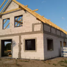 Niedokończony dom z białych bloczków Solbet, widoczne drewniane elementy konstrukcji dachu, okna bez szyb, w tle zieleń i błękitne niebo.