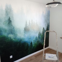 Manbud - Ściana pokoju z fototapetą przedstawiającą mglisty las iglasty, widoczna drabina malarska i nowoczesna lampa sufitowa.