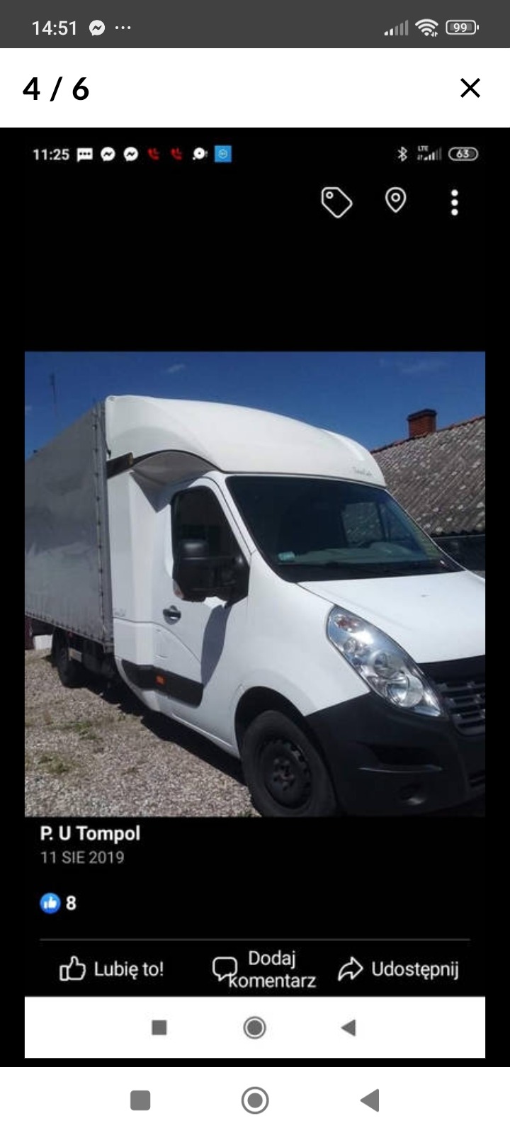 Biały samochód dostawczy z plandeką na żwirowym podłożu, widok z przodu i boku, z widocznym logo firmy P. U Tompol na zdjęciu z ekranu telefonu.