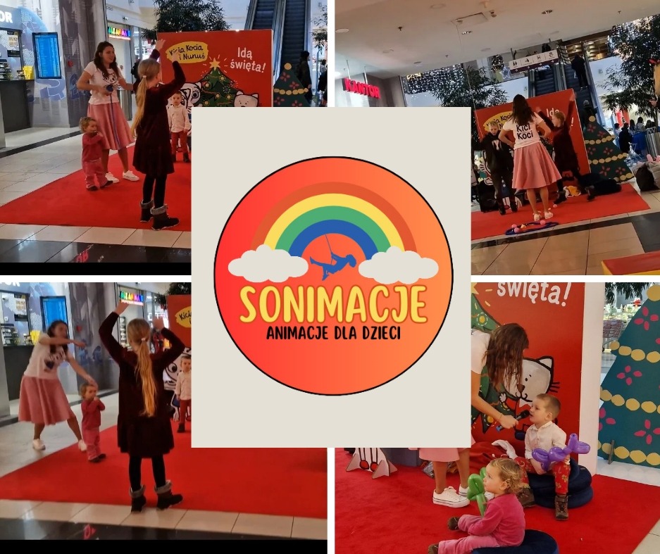 Kolaż zdjęć z animacji dla dzieci w centrum handlowym: animatorka w różowej spódnicy prowadzi zabawy z dziećmi na czerwonym dywanie, w tle świąteczne dekoracje, logo firmy z tęczą i napisem...