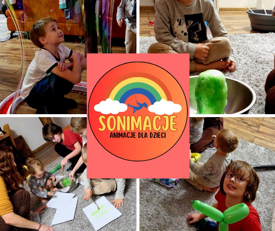 Kolaż zdjęć z animacji dla dzieci w Łazach: chłopiec w bańce mydlanej, eksperymenty z zieloną pianą, dzieci malujące na podłodze oraz chłopiec w okularach z balonowym kwiatem.