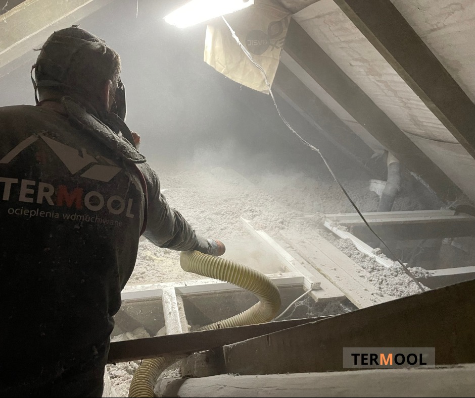 Pracownik w masce ochronnej, ubrany w kombinezon z logo firmy Termool, aplikuje materiał izolacyjny za pomocą węża do przestrzeni na poddaszu. W tle widoczne krokwie i oświetlenie.