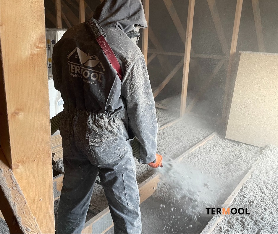 Pracownik w kombinezonie ochronnym aplikuje izolację celulozową na poddaszu, widoczne drewniane elementy konstrukcyjne dachu i logo firmy TERMOOL na kombinezonie.