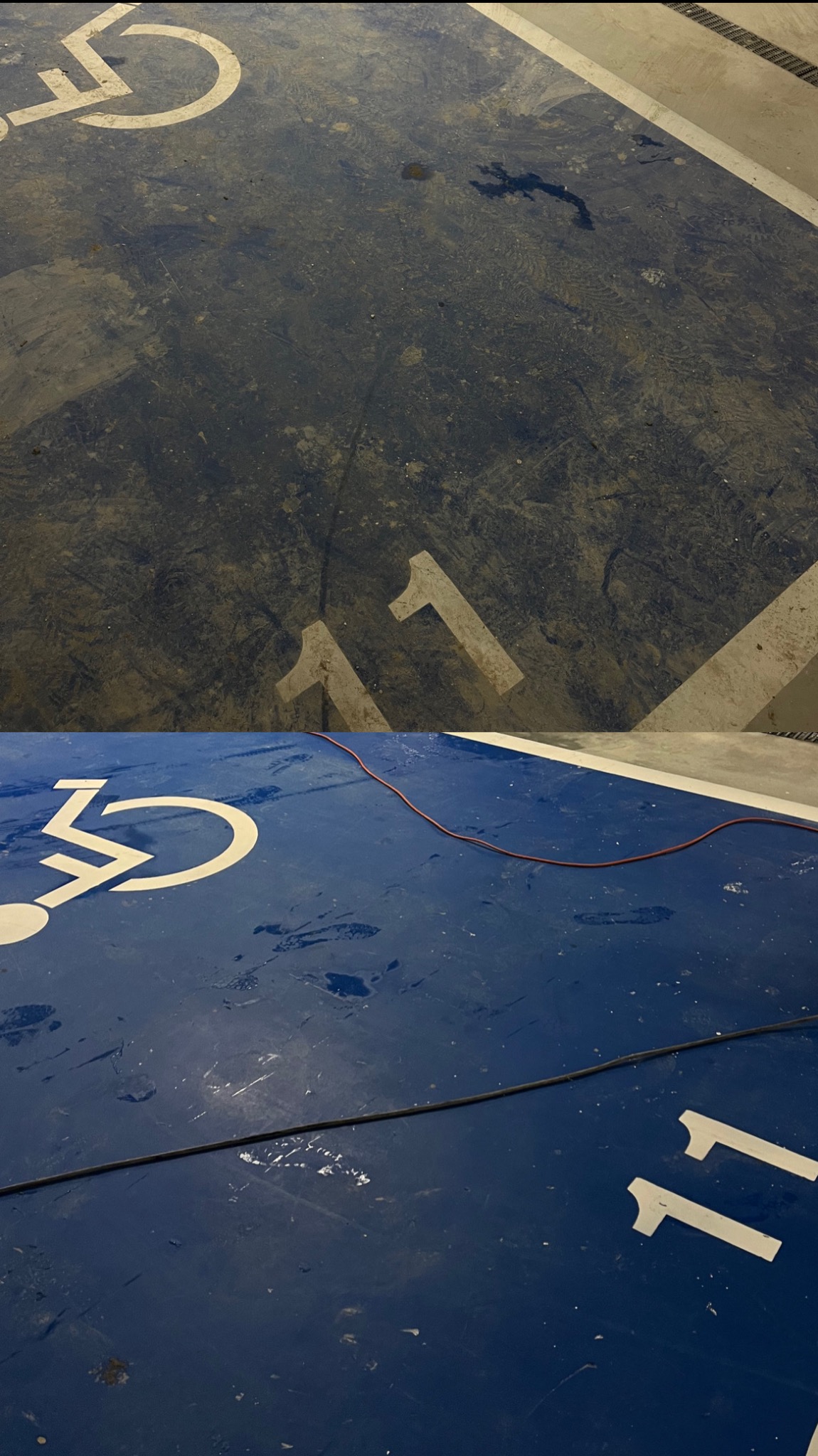 Porównanie stanu posadzki parkingu przed i po czyszczeniu, widoczne oznaczenie miejsca dla osoby niepełnosprawnej i numer 11, różnica koloru i czystości jest wyraźna.