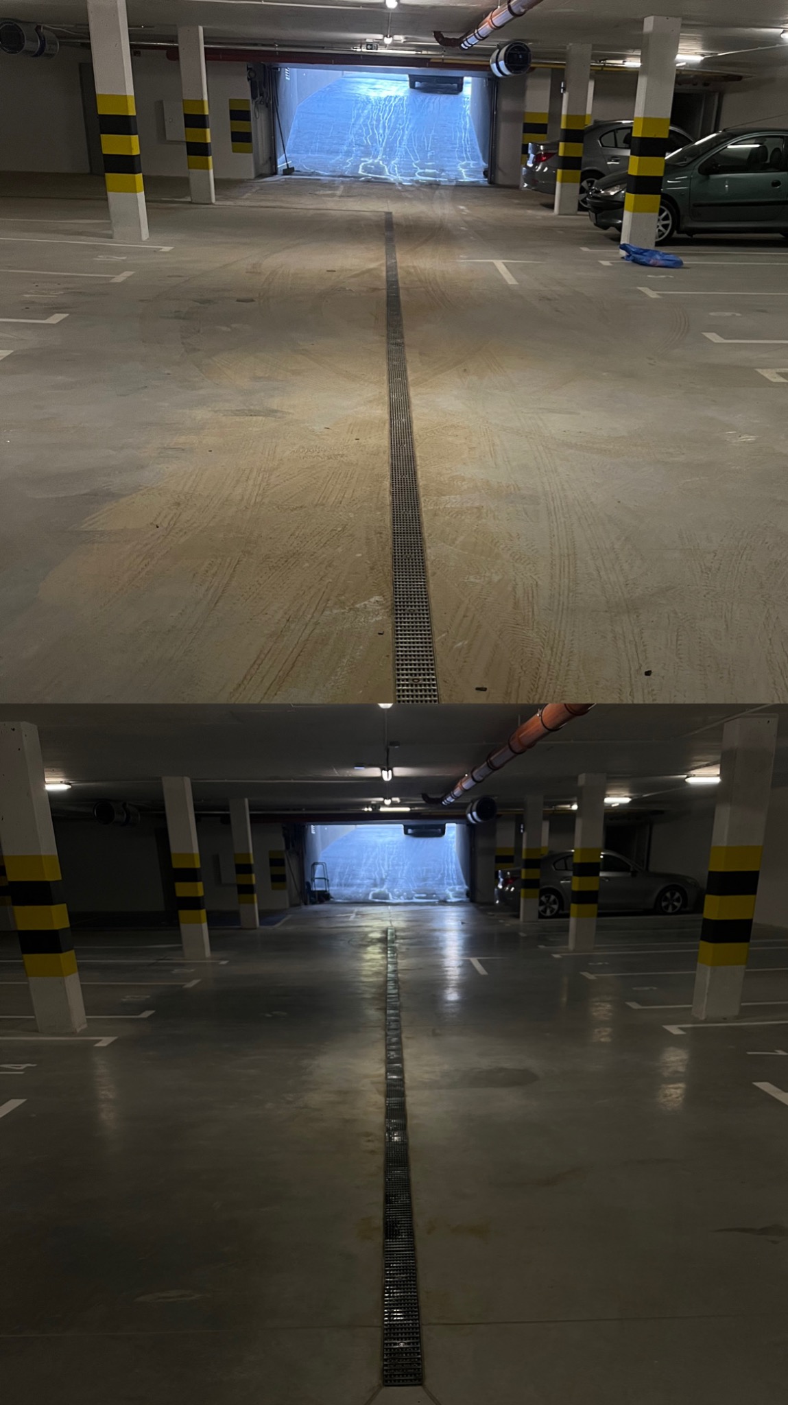 Wnętrze parkingu podziemnego z widocznymi śladami po myciu posadzki, słupy oznaczone pasami żółto-czarnymi, w tle wjazd do myjni samochodowej.