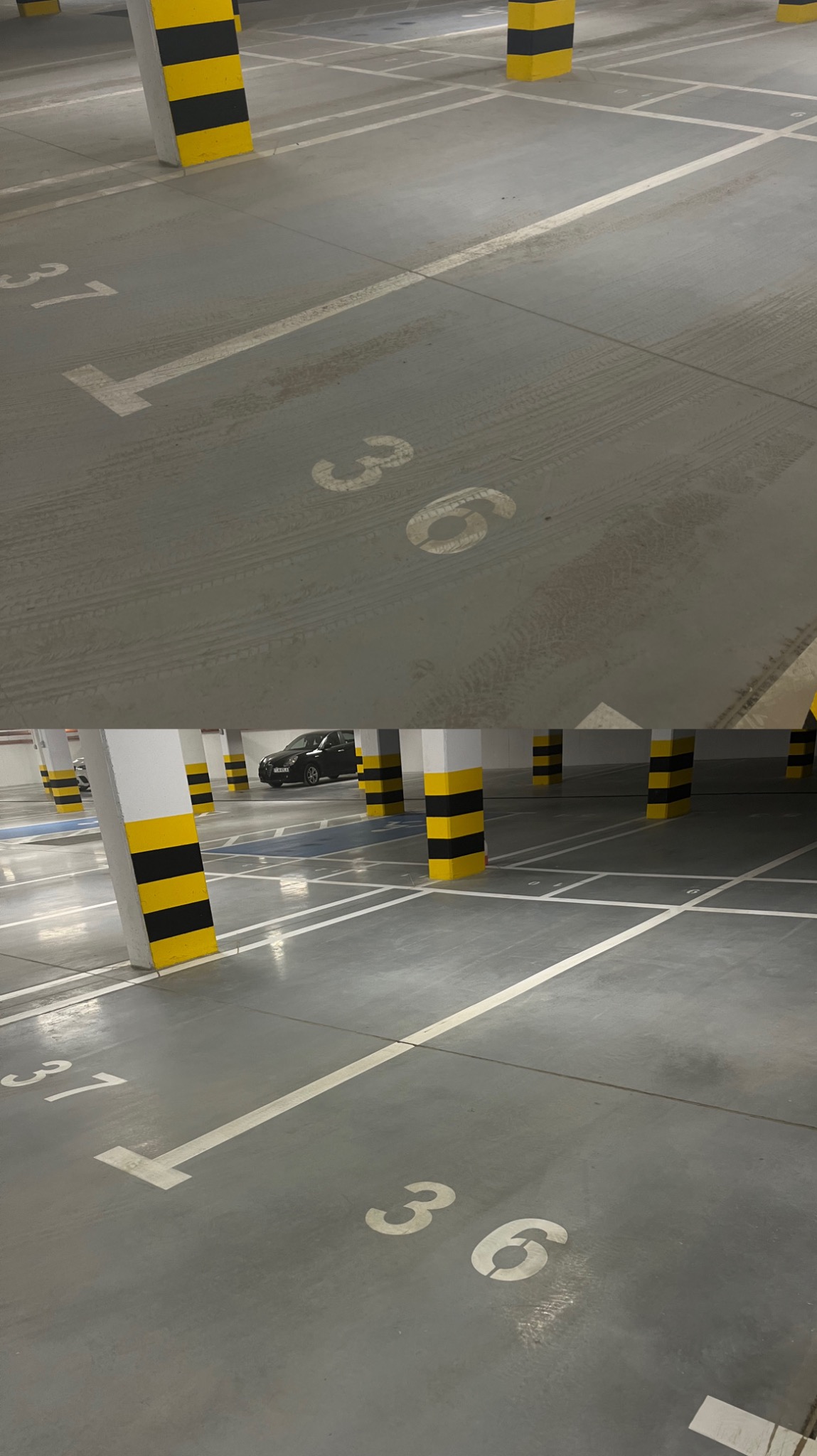 Wnętrze parkingu podziemnego z betonową podłogą, białymi liniami wyznaczającymi miejsca parkingowe z numerami 36 i 37, oraz kolumnami w kolorze białym z czarno-żółtymi pasami. Widoczne ślady opon...