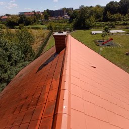 Łukasz JACHIMOWICZ - Częściowo wyczyszczony dach z czerwonej dachówki ceramicznej, widoczny komin z cegły i otoczenie z zielenią, ukazujące różnicę w wyglądzie przed i po czyszczeniu.