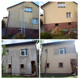 Czteropanelowe porównanie elewacji budynku przed i po renowacji z użyciem drabiny, ukazujące różnicę w kolorze i czystości ścian.