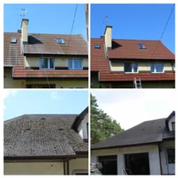 Kolaż przedstawiający dom przed i po czyszczeniu dachu, widoczne różnice w kolorze dachówki i usunięciu mchu, drabina oparta o ścianę.