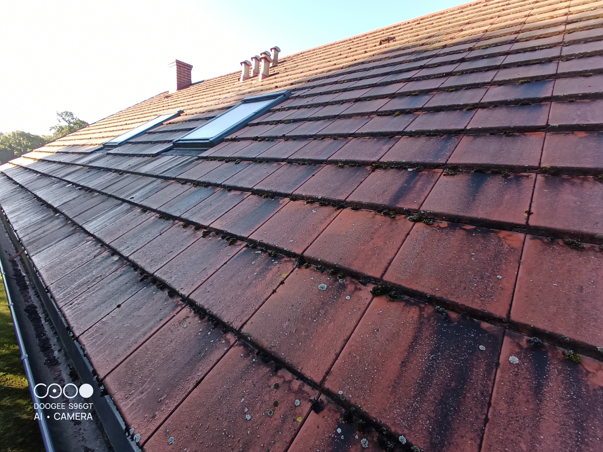 Czerwona dachówka z widocznymi trzema oknami dachowymi i zabrudzeniami, w tle komin i drzewa, ujęcie z dołu.