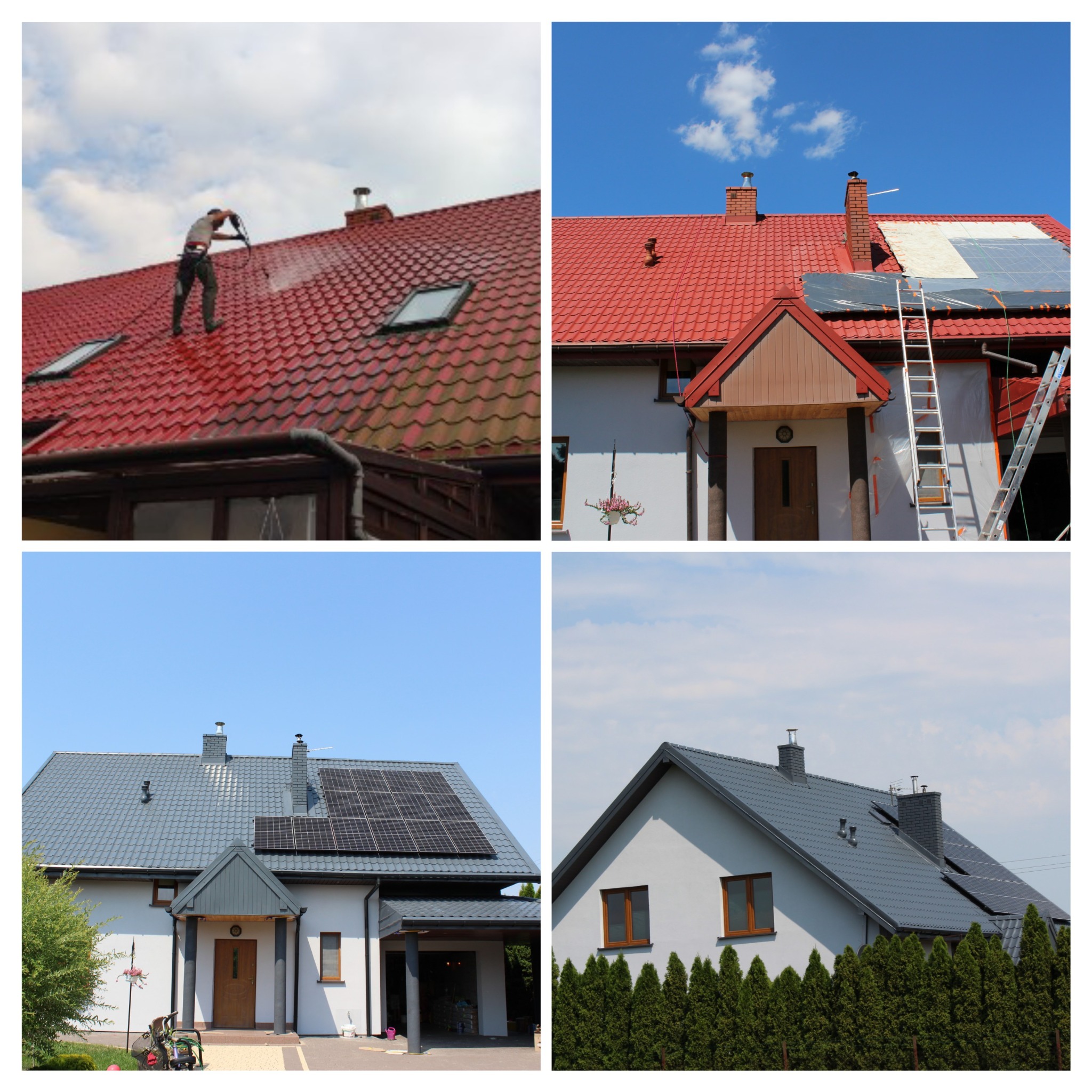 Montaż paneli słonecznych na czerwonym dachu, widoczna drabina i zabezpieczenia, w tle błękitne niebo; cztery ujęcia różnych domów po renowacji dachu, w tym jeden z szarym dachem i panelami...
