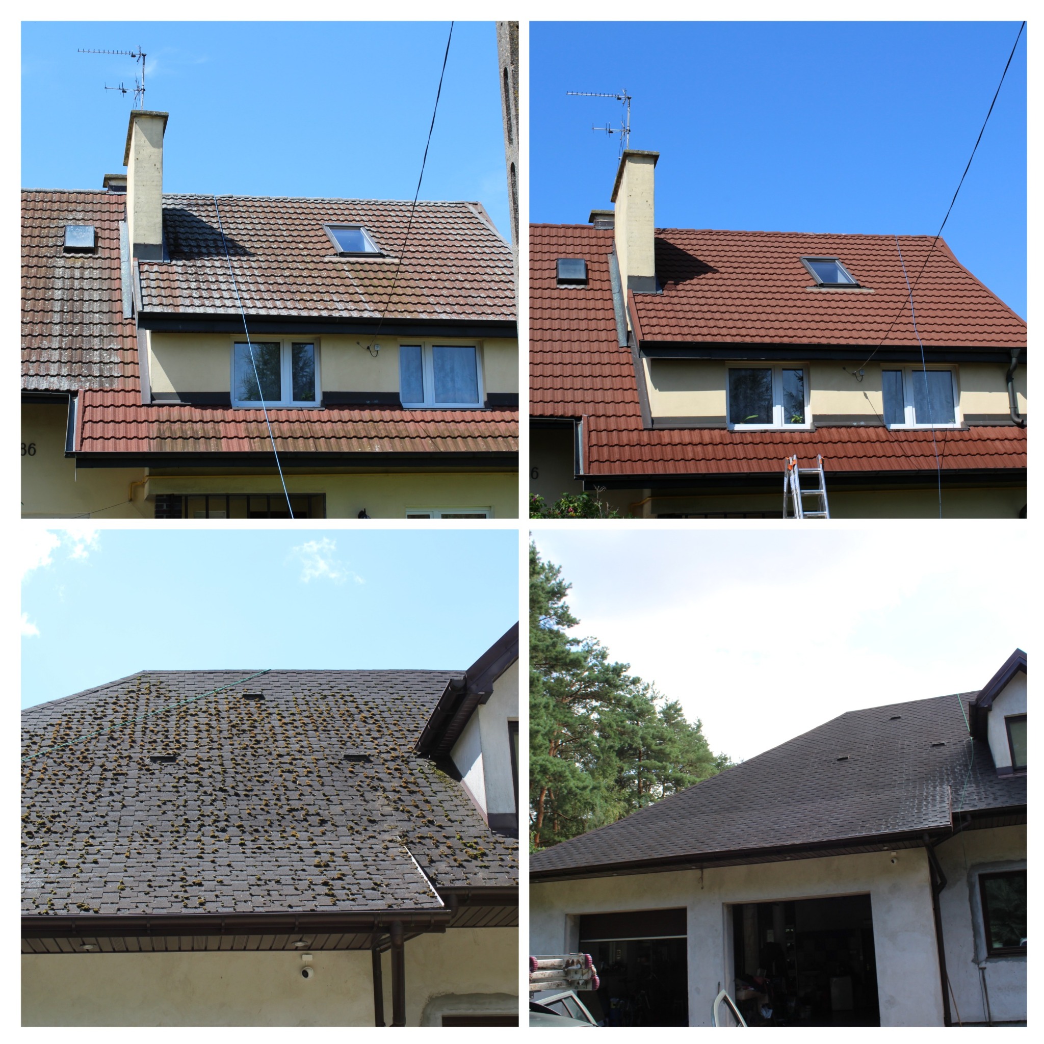 Kolaż przedstawiający dom przed i po czyszczeniu dachu, widoczne różnice w kolorze dachówki i usunięciu mchu, drabina oparta o ścianę.