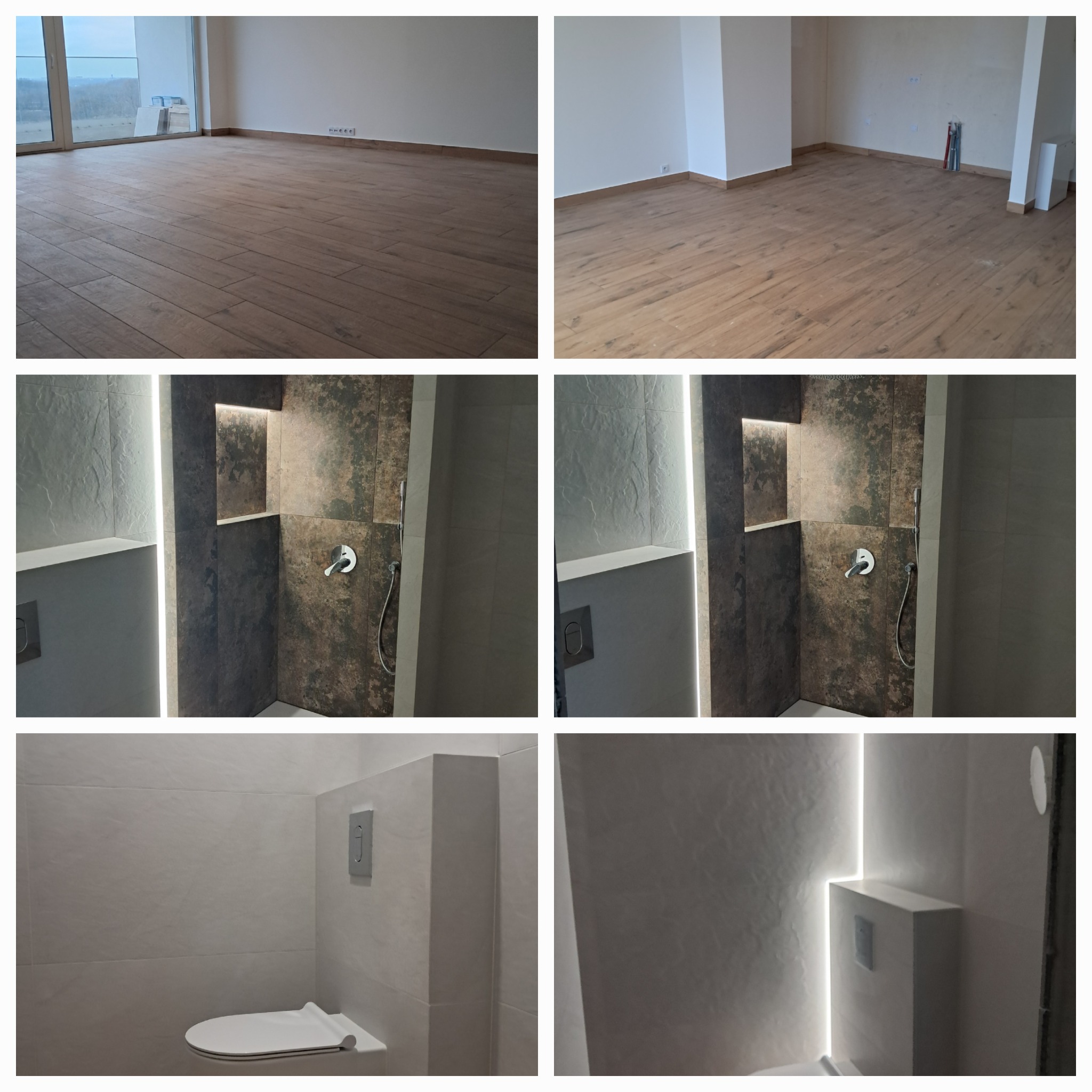 Kolaż przedstawiający wykończone wnętrza: salon z podłogą imitującą drewno oraz detale łazienki z podświetleniem LED w niszach i zabudowie WC.