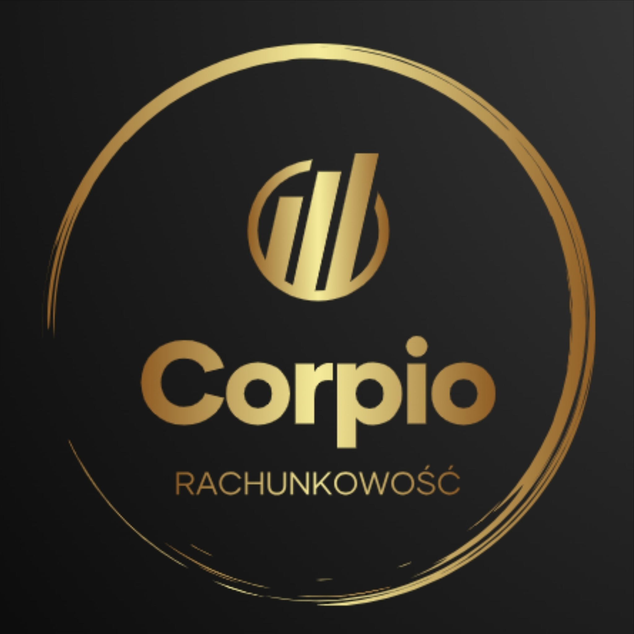 Złote logo firmy Corpio Rachunkowość na czarnym tle, przedstawiające stylizowane wykresy słupkowe w okręgu, z nazwą firmy i słowem 'Rachunkowość' poniżej.