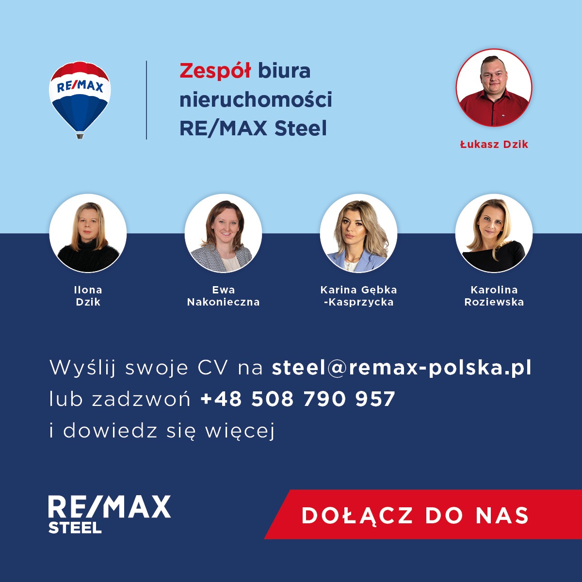 Zespół biura nieruchomości RE/MAX Steel: Łukasz Dzik, Ilona Dzik, Ewa Nakonieczna, Karina Gębka-Kasprzycka, Karolina Roziewska. Zaproszenie do wysyłania CV.