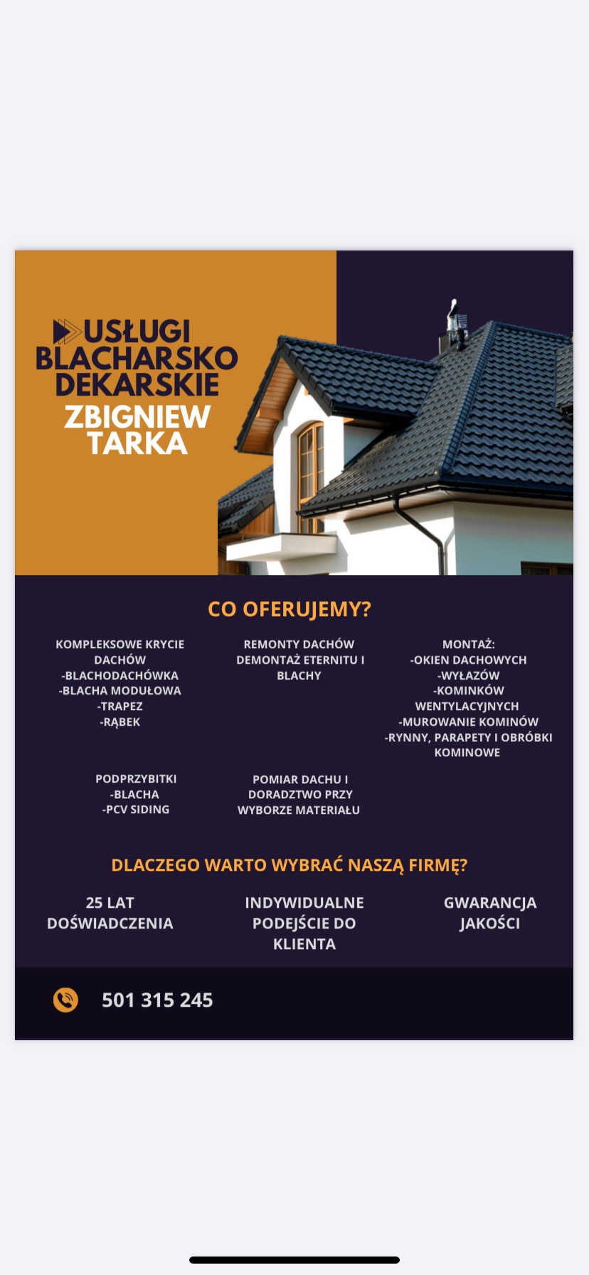 Grafika reklamowa firmy dekarskiej z wizualizacją domu z ciemnym dachem z blachy modułowej, prezentująca zakres usług i dane kontaktowe.