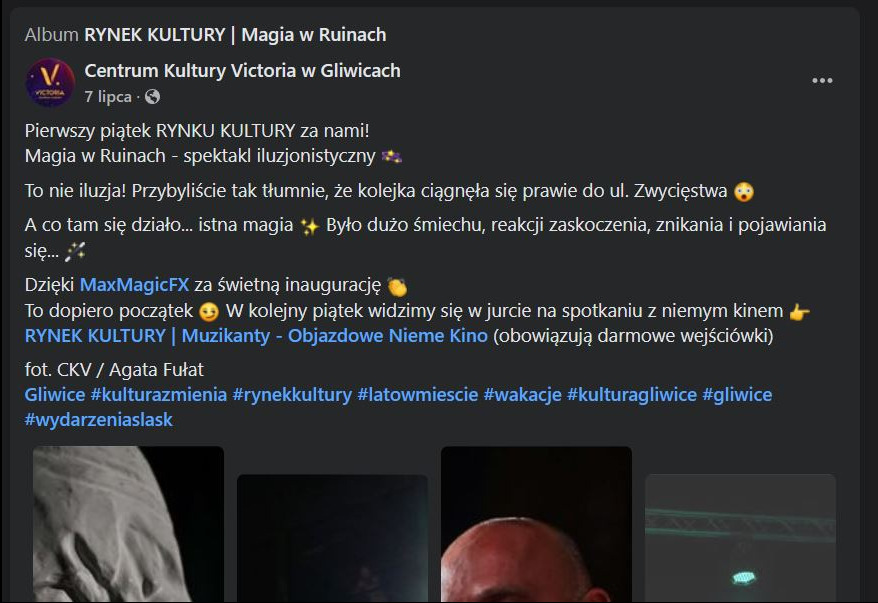 Plakat wydarzenia 'Rynek Kultury' w Gliwicach, zapraszający na spektakl iluzjonistyczny 'Magia w Ruinach'.