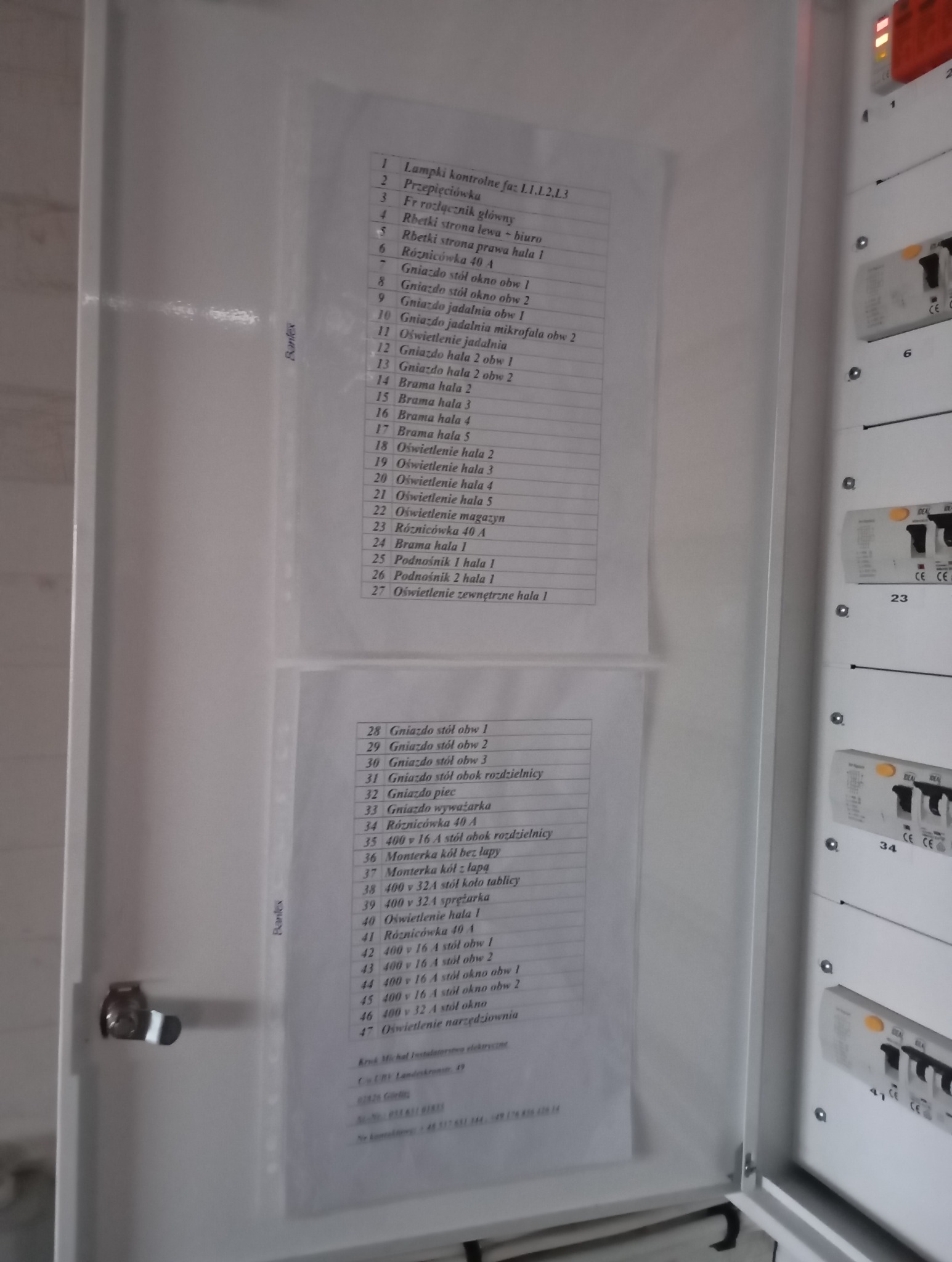 Otwarta skrzynka rozdzielcza z listą obwodów i zabezpieczeń, zawierająca informacje o gniazdach, oświetleniu i różnicówkach, umieszczoną na dwóch kartkach A4 wewnątrz szafki.