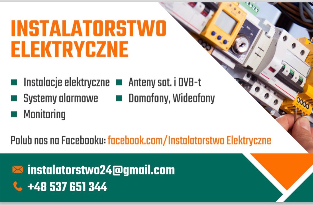 Grafika reklamowa: Instalatorstwo Elektryczne. Oferta obejmuje instalacje, alarmy, monitoring, anteny, domofony. Kontakt: e-mail, telefon. Widoczne elementy instalacji.