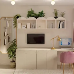 Jasne biuro domowe z roślinami doniczkowymi na półkach, telewizorem, biurkiem z komputerem i różowym krzesłem velvet na złotych nogach.