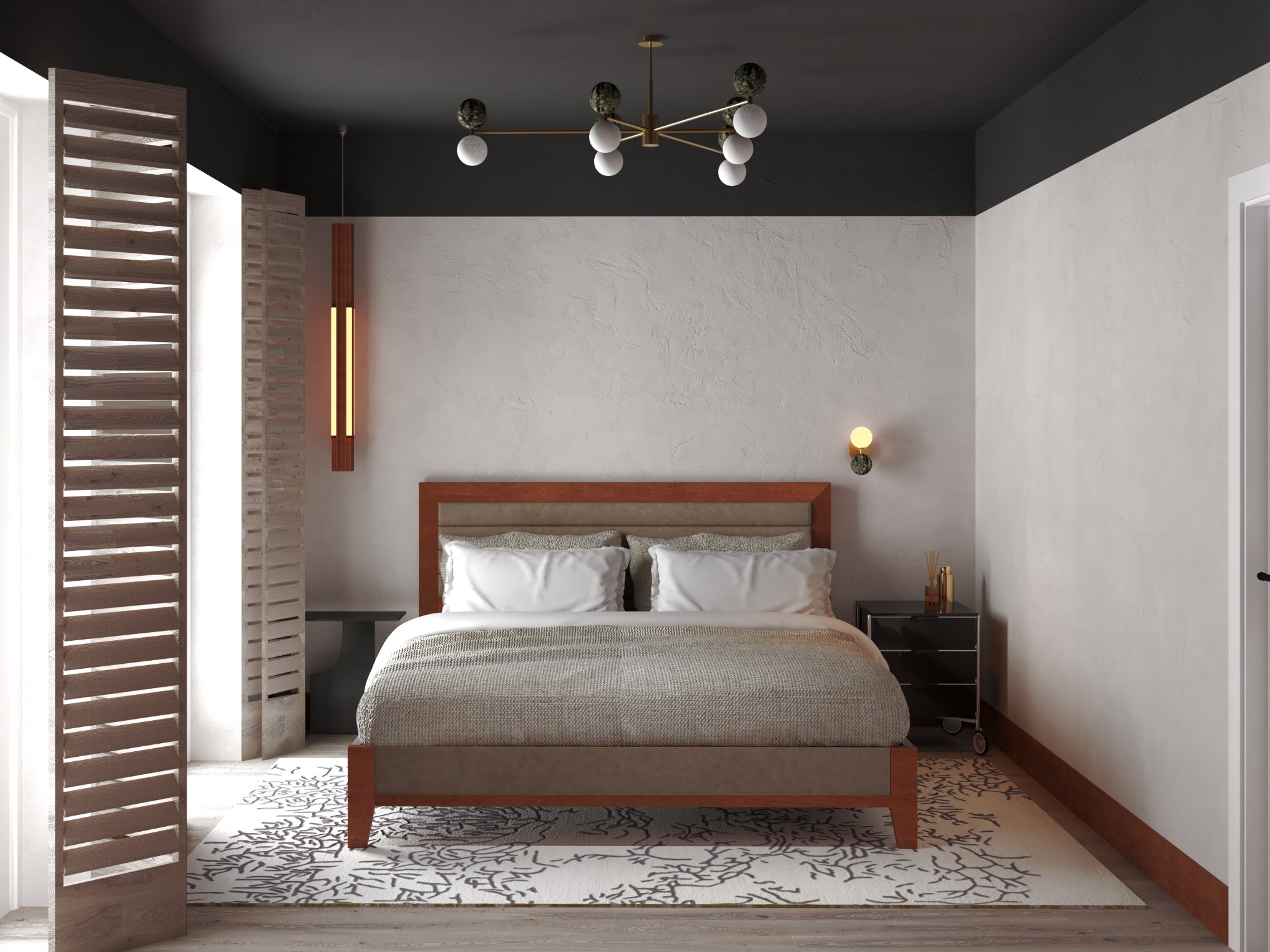 Nowoczesna sypialnia z drewnianymi żaluzjami, łóżkiem z tapicerowanym zagłówkiem, designerską lampą sufitową i nocną szafką z dekoracjami.