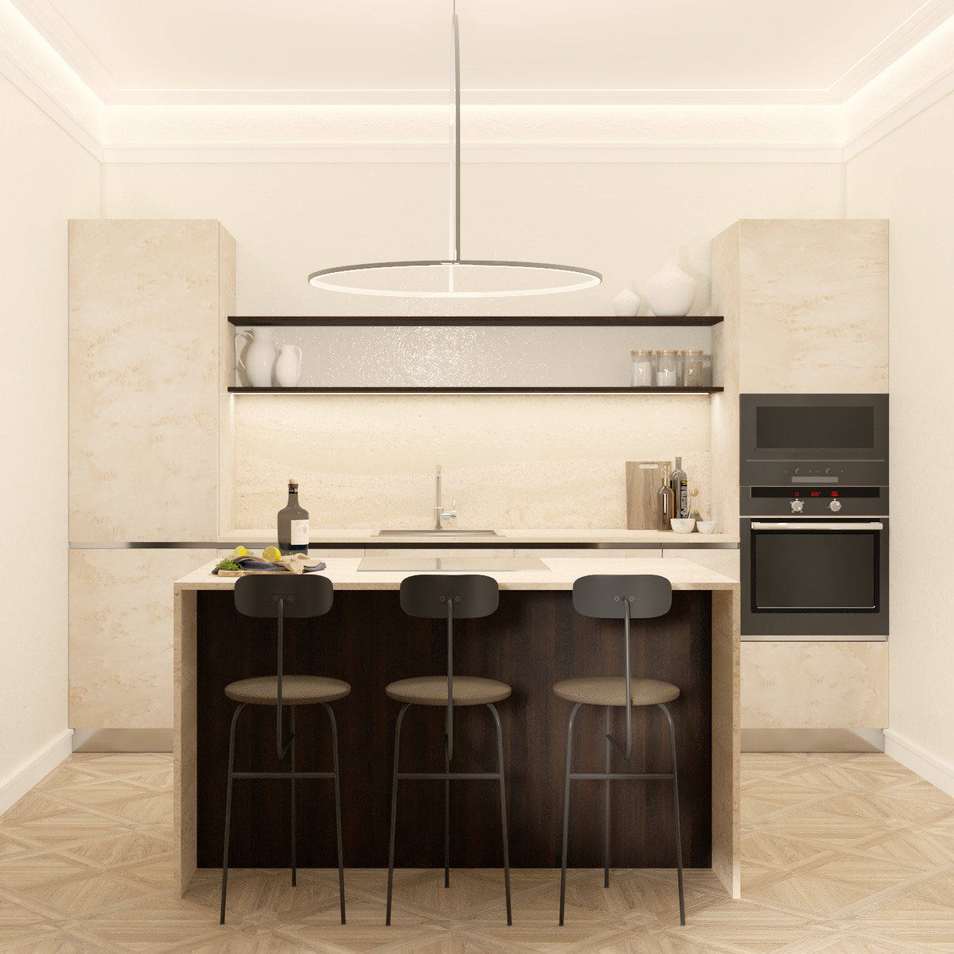 Wizualizacja nowoczesnej kuchni z wyspą, trzema hokerami, beżowymi szafkami z marmurowym wzorem i okrągłą lampą wiszącą.