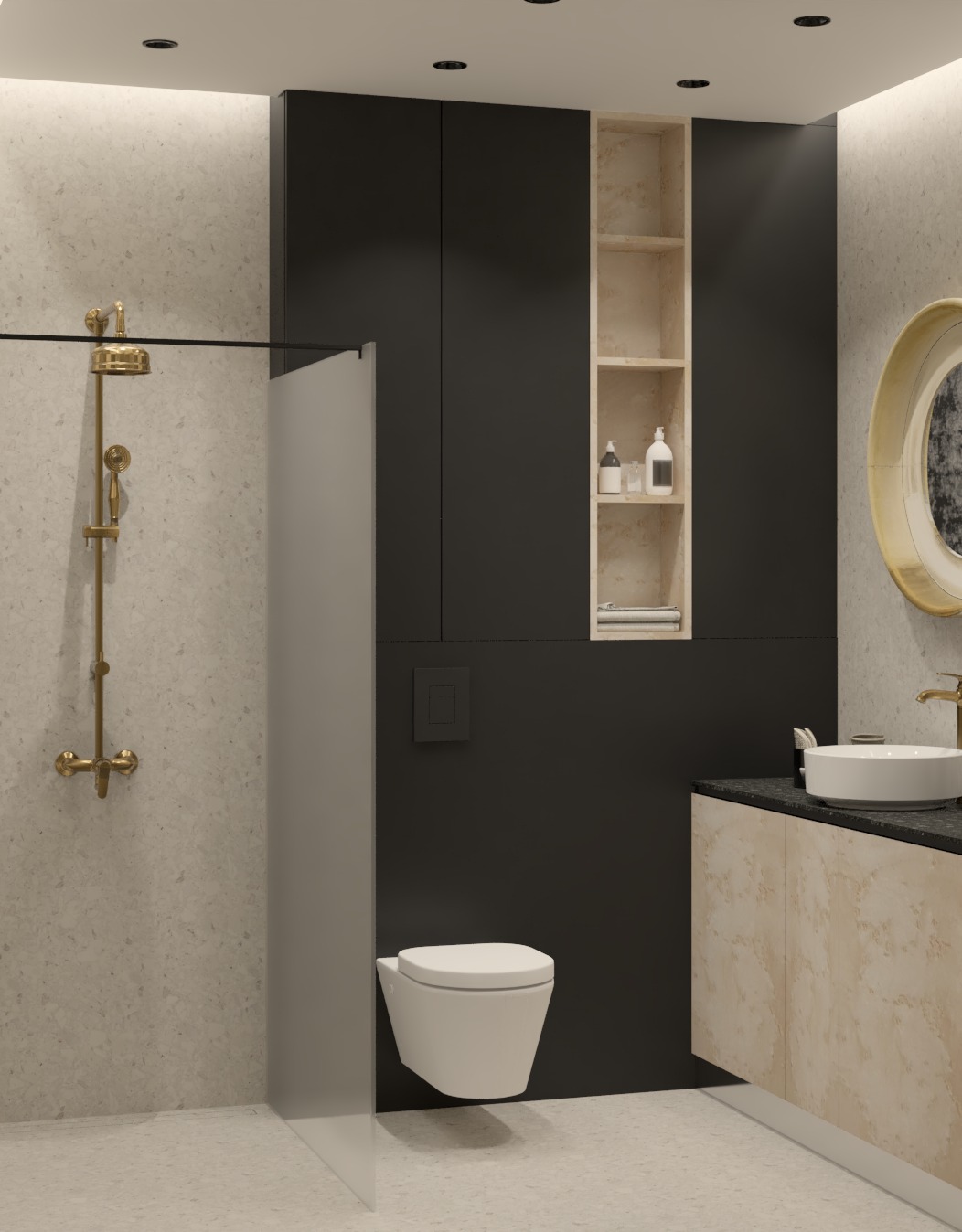 Nowoczesna łazienka z czarnymi szafkami, złotą armaturą i beżowymi płytkami imitującymi kamień, minimalistyczny design.