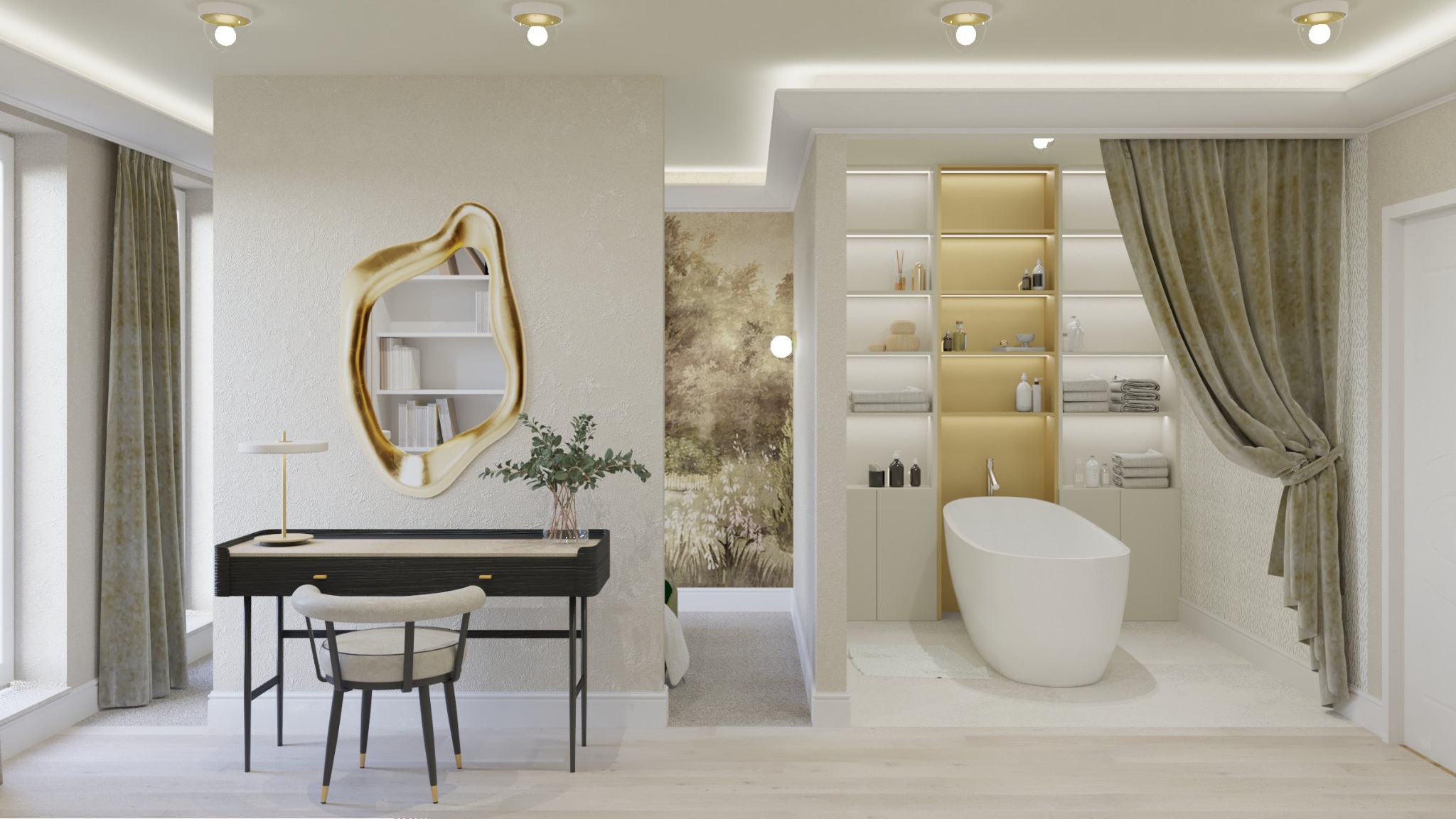 Nowoczesna łazienka z toaletką, lustrem w złotej ramie o organicznym kształcie, wolnostojącą wanną i szafkami w zabudowie, oświetlona punktowymi lampami sufitowymi.