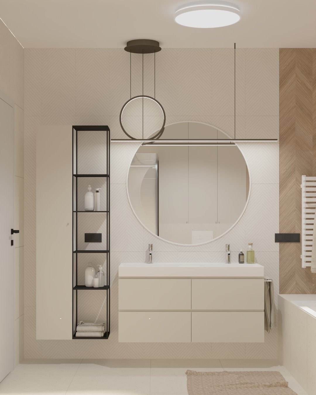 Minimalistyczna łazienka z okrągłym lustrem, podwójną umywalką i czarnym regałem na kosmetyki, oświetlona nowoczesną lampą wiszącą z okręgiem i listwą LED.