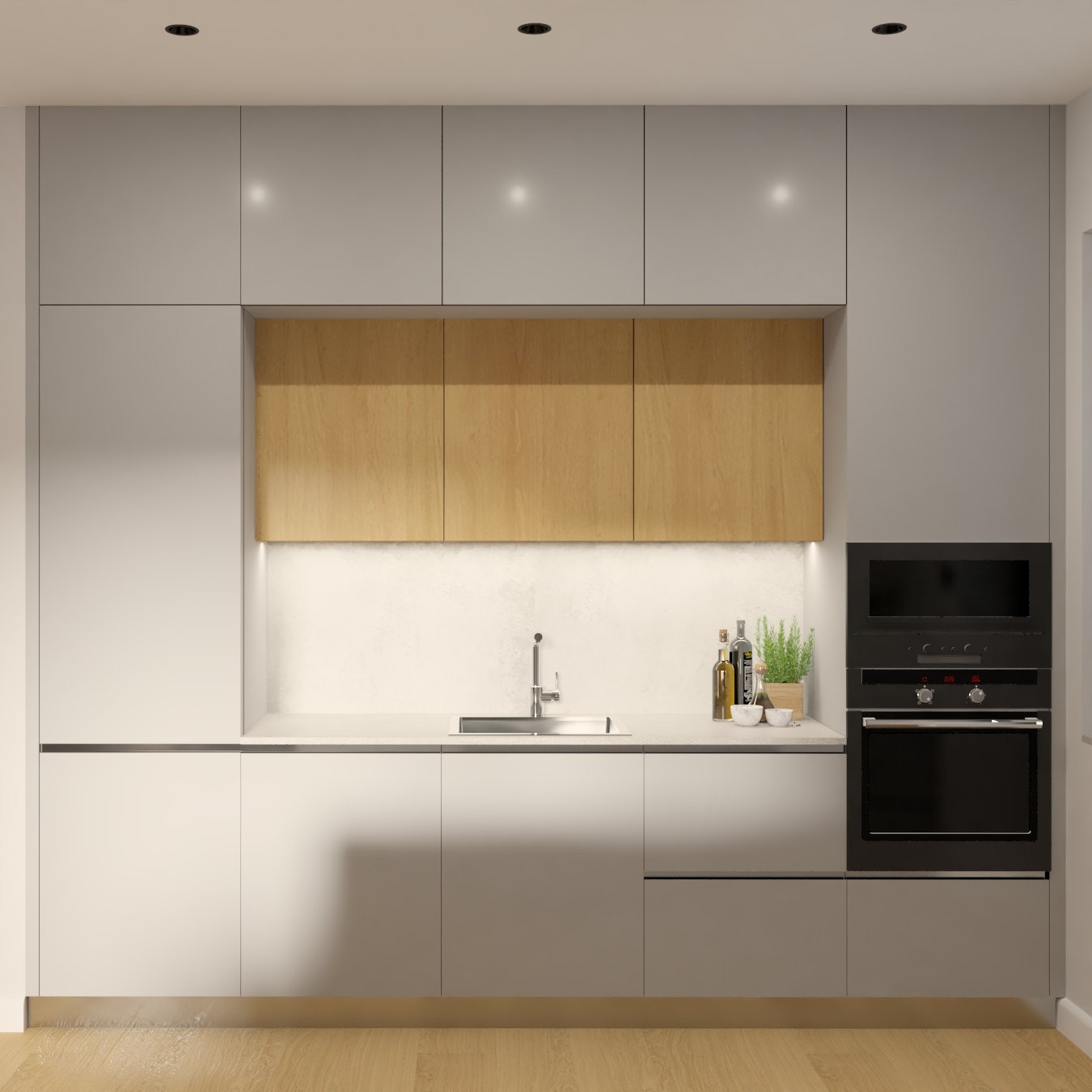Minimalistyczna kuchnia w Pabianicach z szarymi szafkami, drewnianymi akcentami nad blatem i wbudowanym piekarnikiem, oświetlona punktowo.