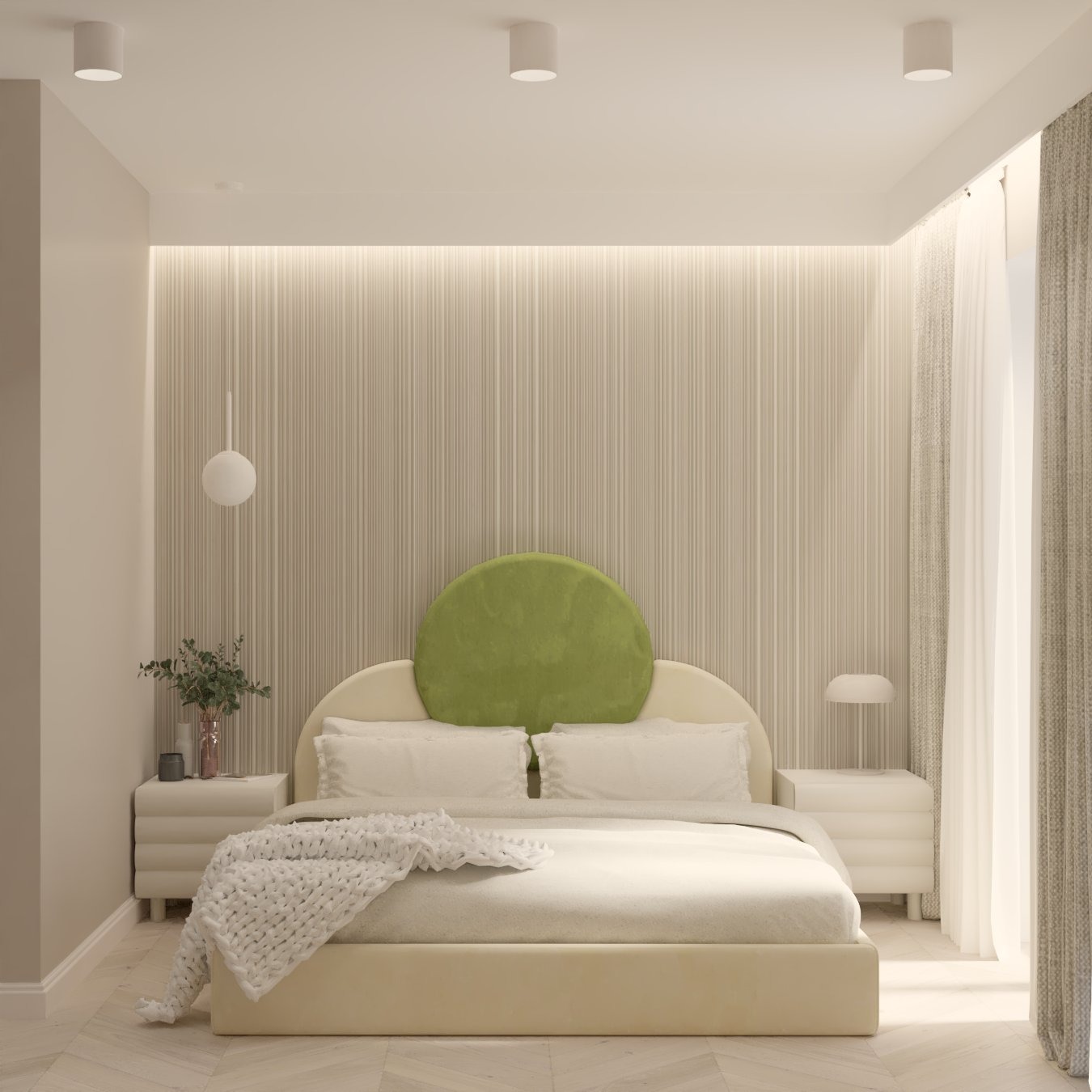 Jasna sypialnia z okrągłym, zielonym zagłówkiem, beżowym łóżkiem i puszystym kocem, oświetlona lampami sufitowymi i lampką nocną.