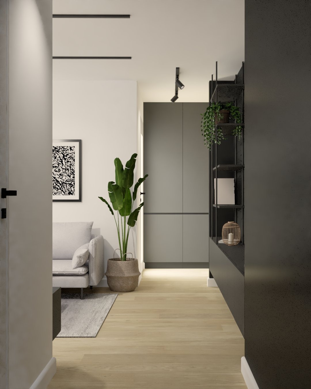 Nowoczesny salon z drewnianą podłogą, szarą sofą i wysoką rośliną w plecionym koszu. Minimalistyczne oświetlenie i czarne regały dodają elegancji.