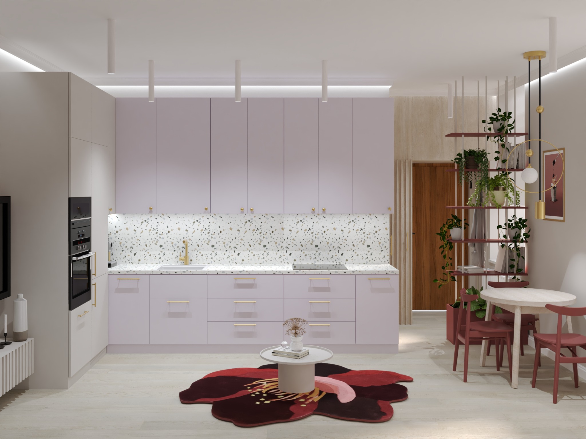 Liliowa kuchnia z blatem lastryko i złotymi akcentami w Pabianicach. Nowoczesne szafki, okrągły stół z krzesłami i dywan w kształcie kwiatu tworzą spójną całość.