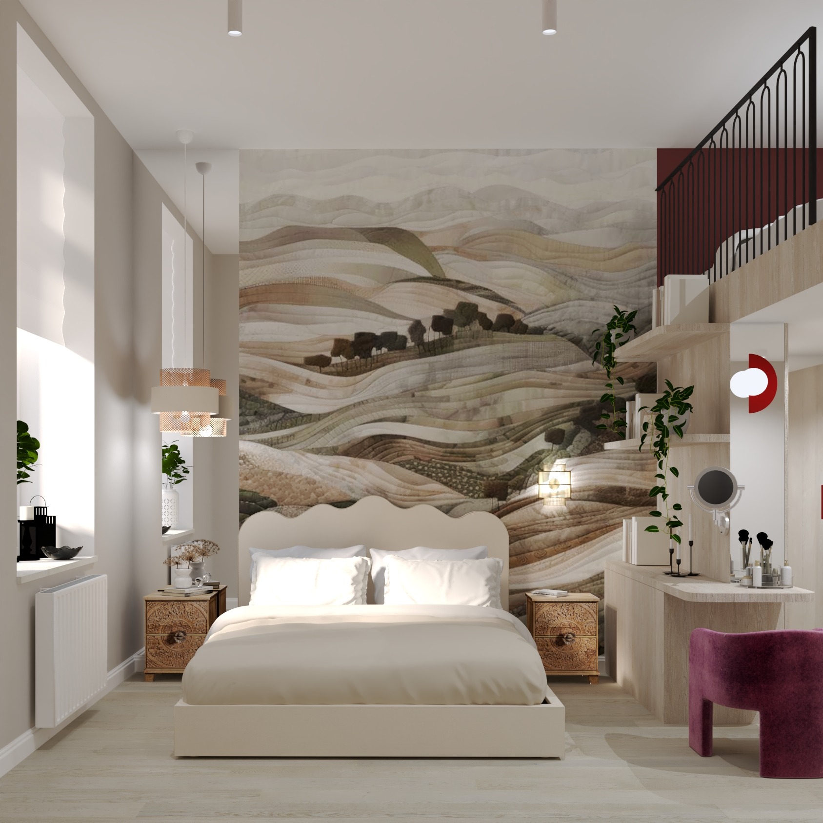 Jasna sypialnia z łóżkiem, toaletką i tapetą w krajobraz. Nowoczesne lampy, drewniane szafki nocne i fioletowy taboret dodają uroku. Schody na antresolę z czarną balustradą.