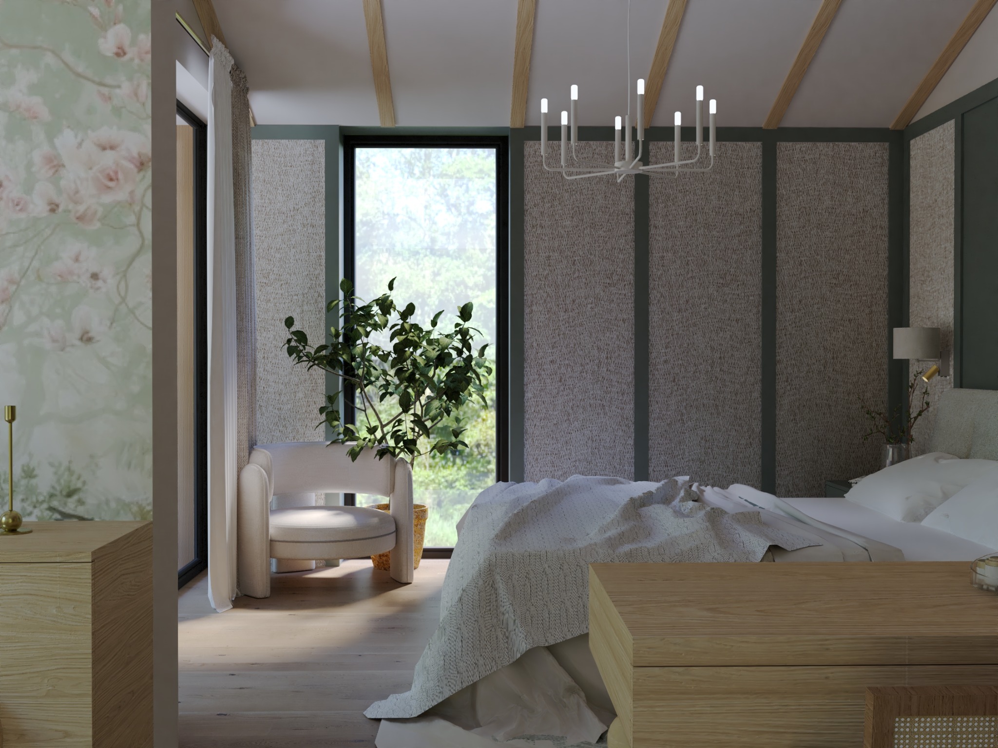 Jasna sypialnia z drewnianymi belkami, dużym oknem z widokiem na zieleń i nowoczesnym żyrandolem. Wnętrze dopełnia fotel i komoda z naturalnego drewna.