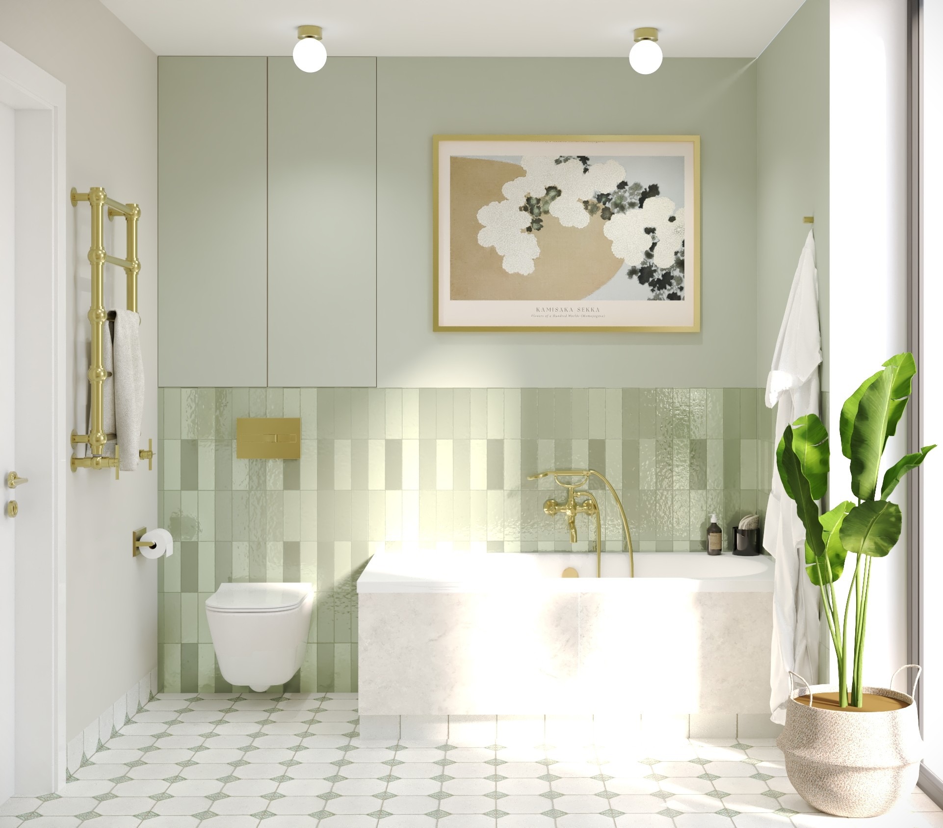 Jasna łazienka z wanną, złotą armaturą i zielonymi akcentami. Na ścianie grafika w złotej ramie. Uwagę przykuwają płytki w odcieniach zieleni i dekoracyjna podłoga.