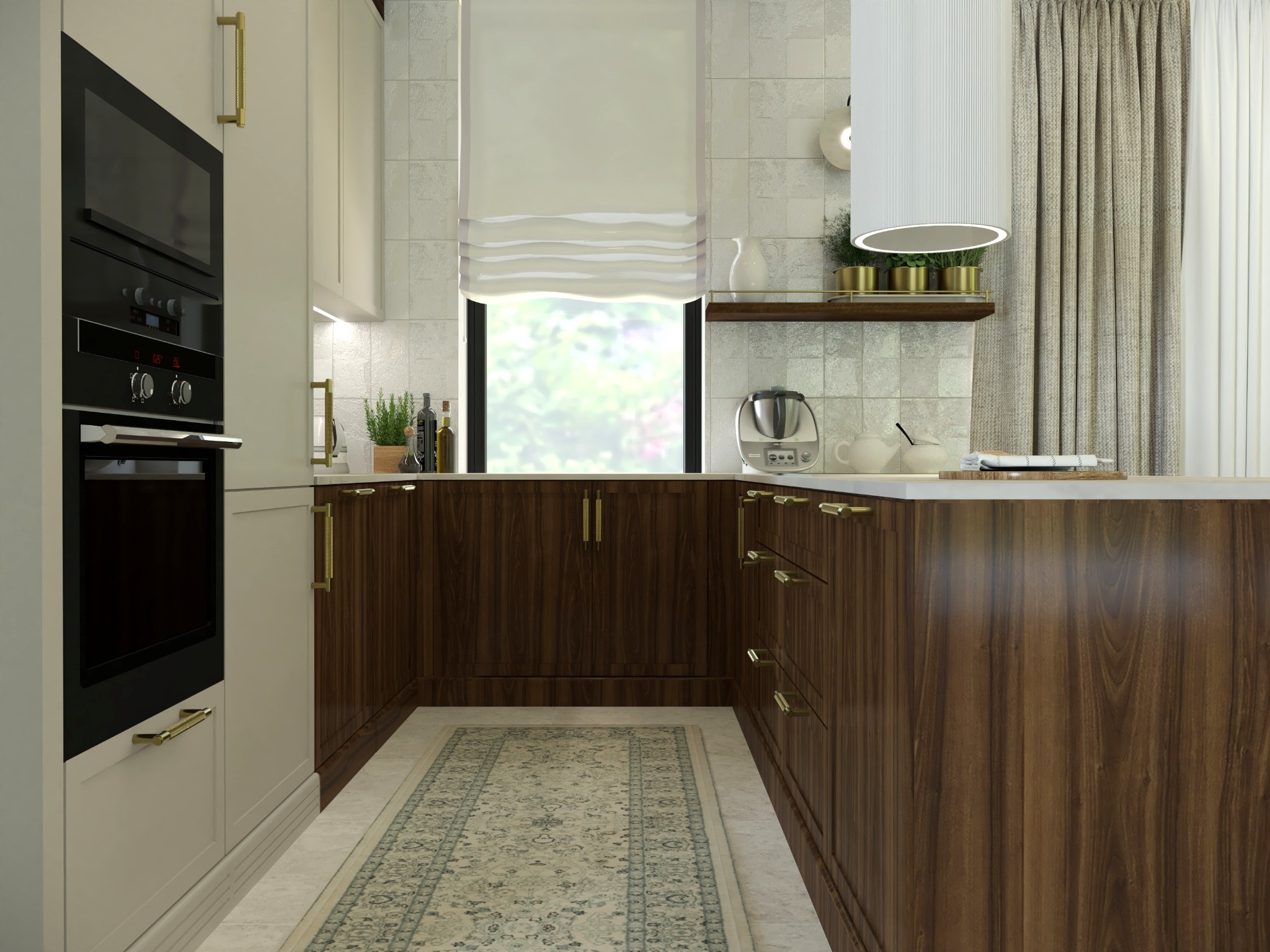 Nowoczesna kuchnia w odcieniach brązu i beżu z złotymi akcentami. Widok na zabudowę kuchenną, okno z roletą rzymską i dekoracyjny dywan.