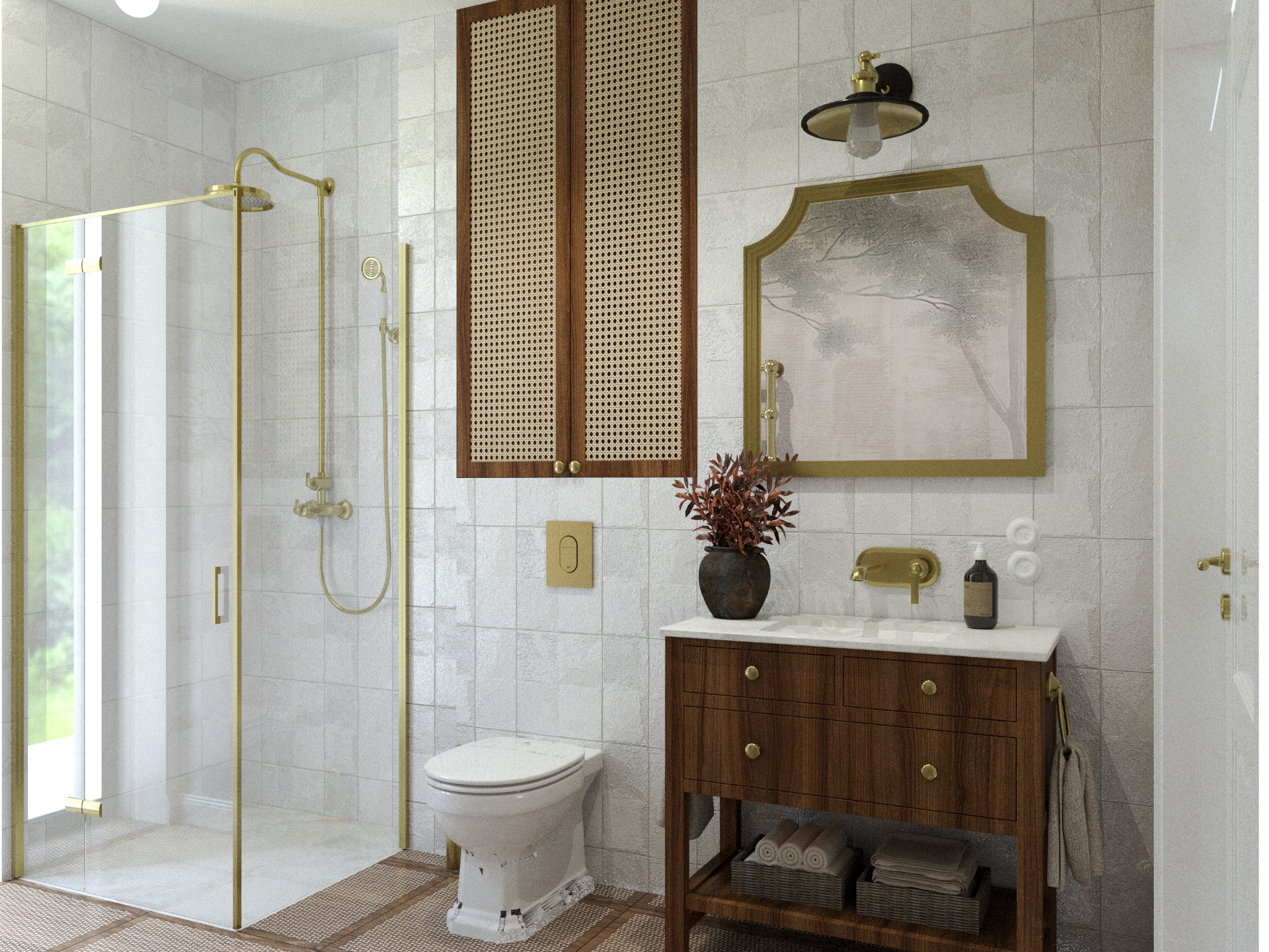 Jasna łazienka z kabiną prysznicową ze złotymi detalami, szafką z umywalką i lustrem w ozdobnej ramie. Wnętrze w stylu retro z elementami rattanowymi.